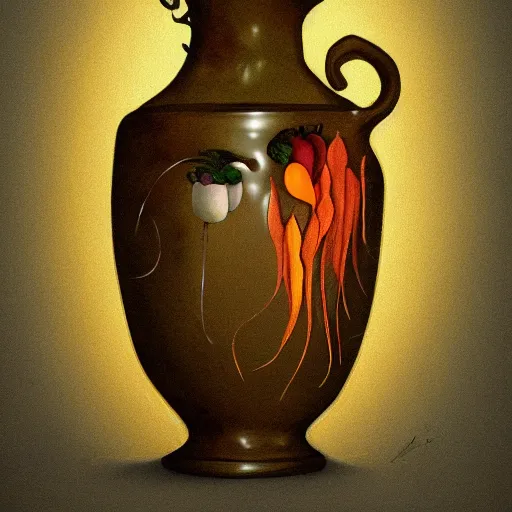 Image similar to still art, antique jug with palms inside, old candle, much vegetables, lemon, orange, pepper, cinematic light, detailed, digital art, concept art, trending on artstation, highly detailed, intricate, sharp focus, digital art, 8 k