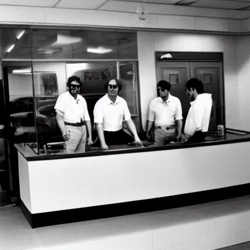 Image similar to photograph of 4 old men wearing white polo shirts and black khaki pants working behind the counter of an enterprise rent - a - car in 1 9 7 5