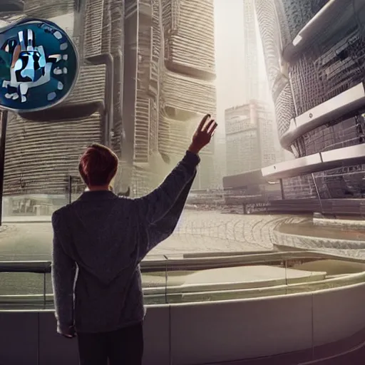 Image similar to highly detailed beautiful futuristic world, man waving goodbye to crowd full of people, ((cryptocurrency in background))