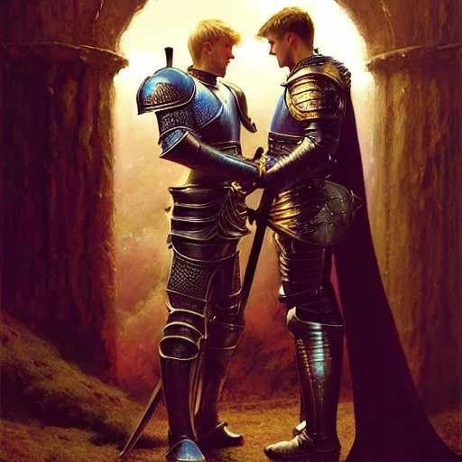 Image similar to attractive arthur pendragon and his favourite attractive male knight, they are in love, camelot, natural lighting, path traced, highly detailed, high quality, digital painting, by gaston bussiere, craig mullins, j. c. leyendecker