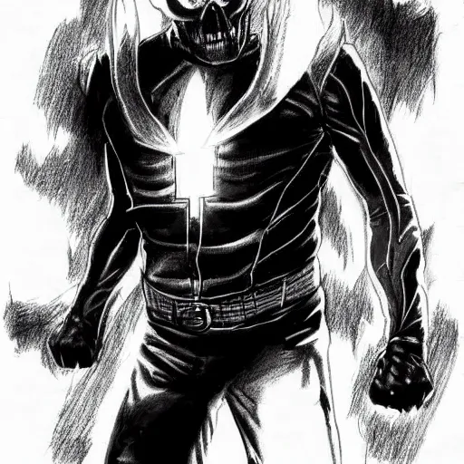 Image similar to Very detailed pencil drawing of Marvel ghost rider