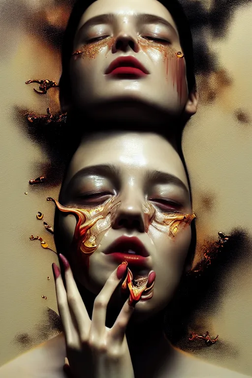 Prompt: 3 d, crying fashion model, flame, liquid black oil, morning, vogue cover style, poster art, high detail, intricate oil painting, multiple exposure, heaven mood, hyperrealism, 3 d, by tooth wu and wlop and beeple and greg rutkowski