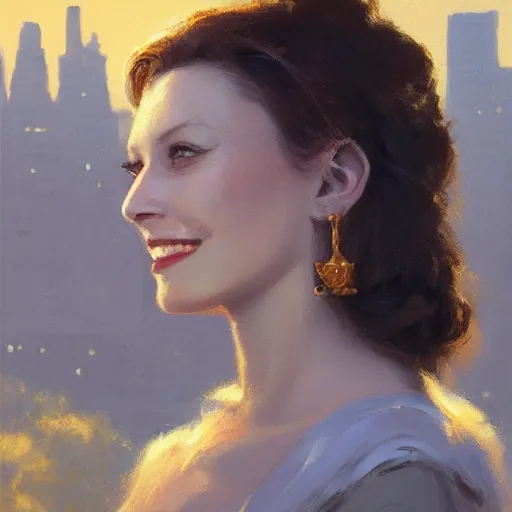 Image similar to closeup portrait of a young vivian leigh, bright smile, chiaroscuro, city background, golden hour, dramatic lighting, complementary contrast, high detail, painted by greg rutkowski, painted by igor kieryluk, trending on artstation