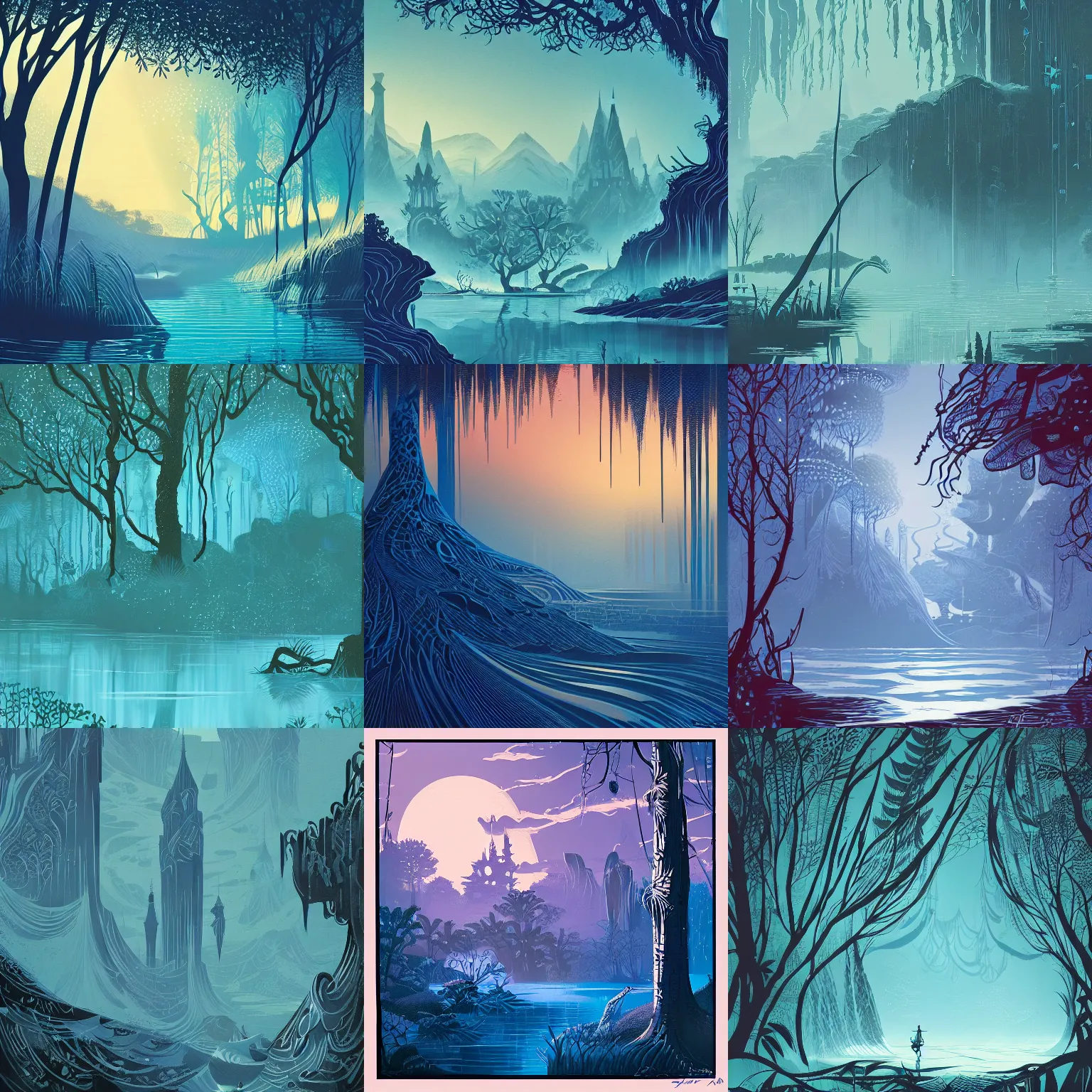 Prompt: low details, closeup fantasy with water magic, at gentle dawn blue light, sticker, eyvind earle, dan mumford, featured in artstation, elegant, intricate