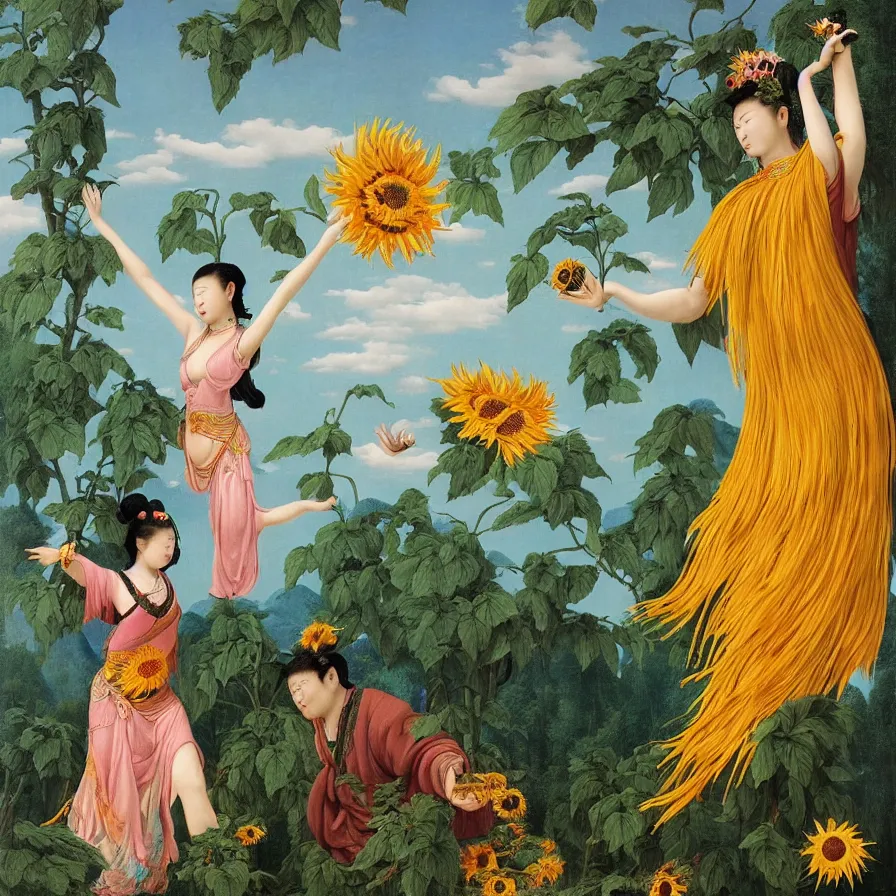 Prompt: The Chinese goddess of sunflowers dancing with the bearded Western god of primeval forests, by Raphael Hopper, and Rene Magritte. Detailed, romantic, enchanting, trending on ArtStation.