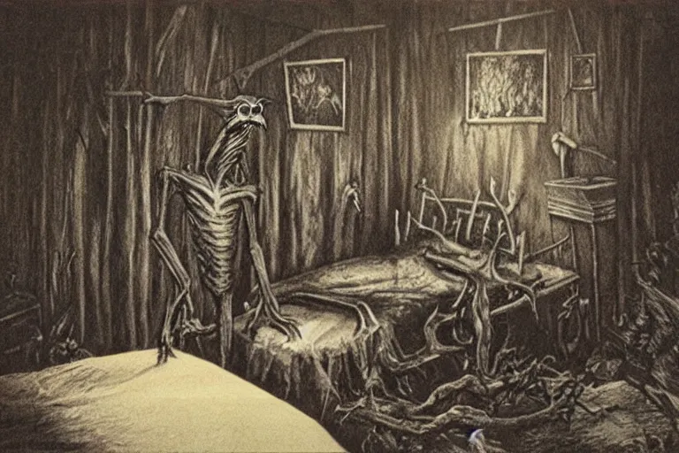 Prompt: photo of a wendigo in a bedroom, at night