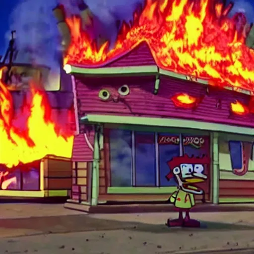 Prompt: The Krusty Krab on fire as a still from an episode of spongebob