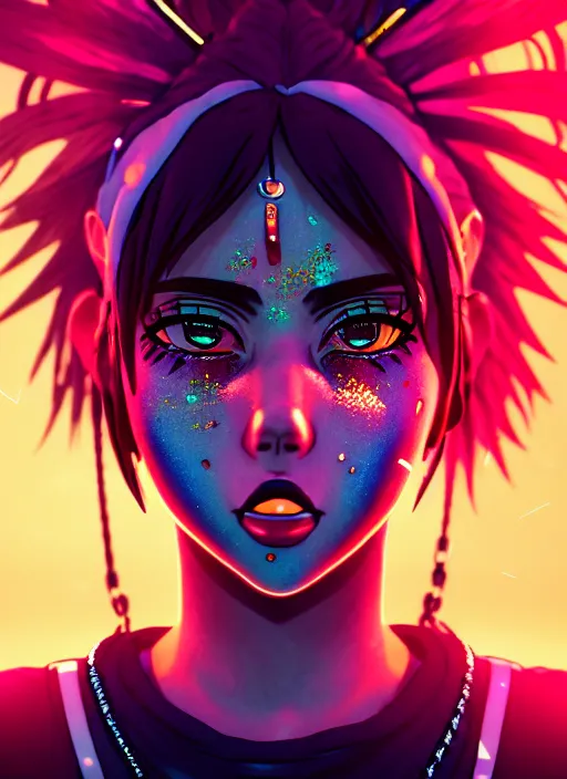 Image similar to a streetwear anime style mixed woman wearing thick mascara, crying, a city on fire in the background, police lights shine on her face, tattoos, dark glitter, Cinestill 50d, 4k, 8k, hd, full color, octane render, trending on artstation, highly detailed