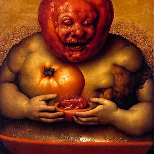 Image similar to a chef sitting in a bathtub full of tomato sauce, looking straight into camera, screaming in pain, by giuseppe arcimboldo and ambrosius benson, renaissance, fruit, intricate and intense oil paint, a touch of beksinski, realistic