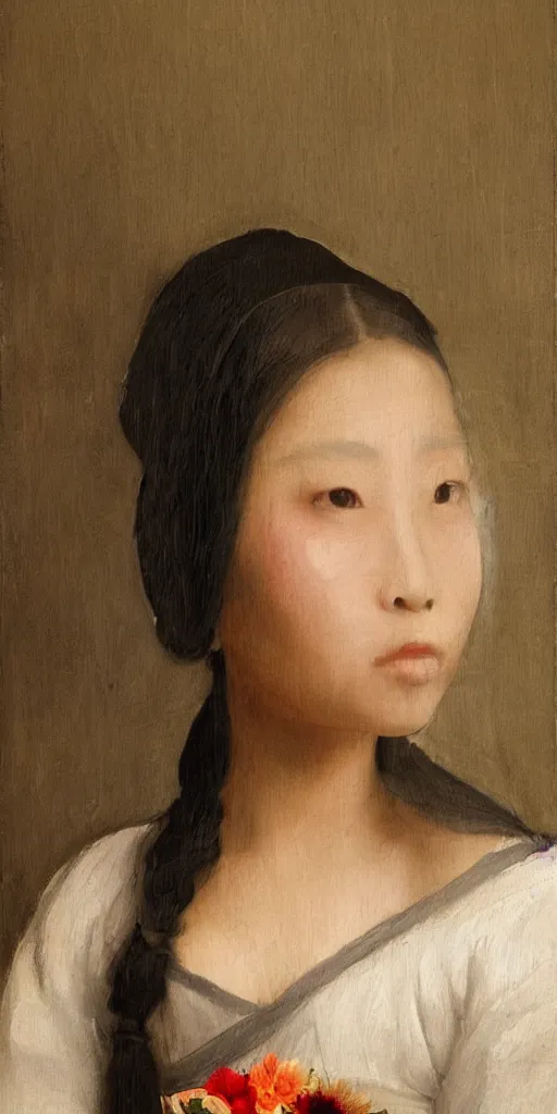 Prompt: Beautiful asian girl looking to the camera with serious face, artstation, flowers in hair, no makeup, slight mona lisa smirk in the style of vermeer, realistic oil painting