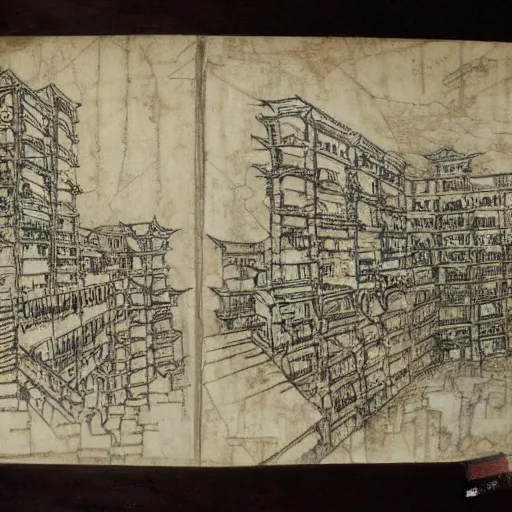 Image similar to sketches of kowloon walled city drawn by leonardo davinci on stained and crumbled paper, highly detailed, intricate, high quality scan