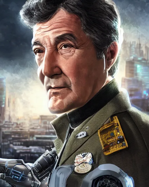 Image similar to detailed portrait of lieutenant columbo as a cyborg, advanced technology, city, sunny day, scifi, atmosphere, professional, 8 k high definition, insanely detailed, intricate