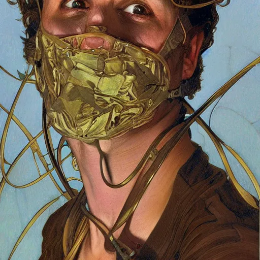 Image similar to hannibal lector, in the style of donato giancola, and in the style of vanessa lemmen, and in the style of alphonse mucha. symmetry, smooth, sharp focus, semi - realism, intricate detail.