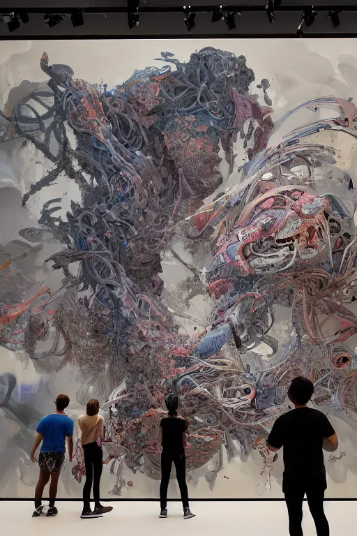 Prompt: people looking at a large graffiti painting in a contemporary museum, dark, intricate, highly detailed, smooth, artstation, digital illustration by yoshitaka Amano and james jean and Artgerm and moebius and Greg Rutkowski and Zdislav Beksinski