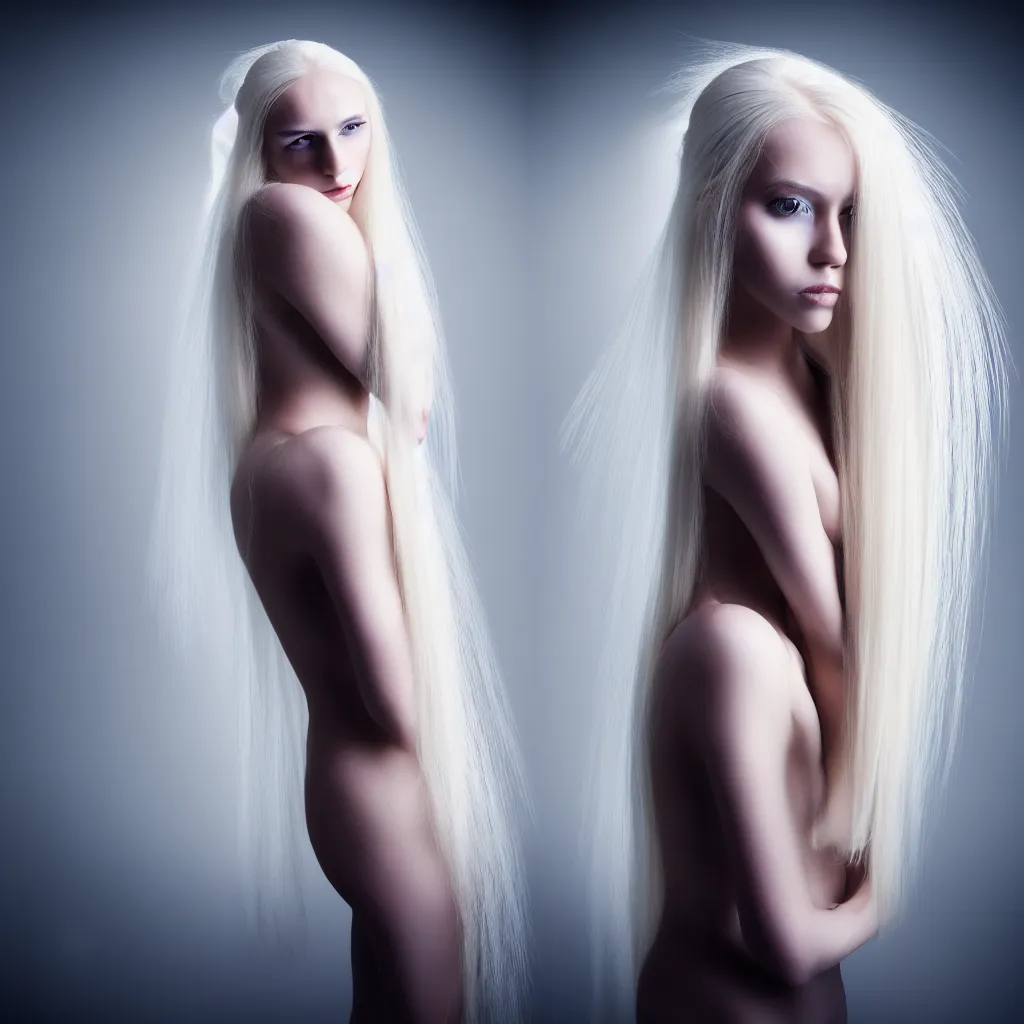 Image similar to photo portrait of a young woman with long blond hair dressed in long white, fine art photography light painting in style of Paolo Roversi, professional studio lighting, dark background, hyper realistic photography, fashion magazine style