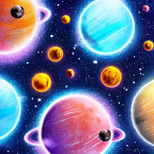 Prompt: cute happy fluffy aliens with gradient fur on space background with ringed planets detailed painting 4k
