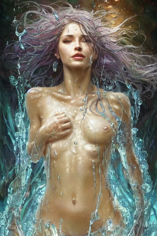 Image similar to portrait of a beautiful woman, warrior princess, silver hair, drenched body, wet dripping hair, emerging from the water, fantasy, regal, fractal crystal, fractal gems, by stanley artgerm lau, greg rutkowski, thomas kindkade, alphonse mucha, loish, norman rockwell ross tran