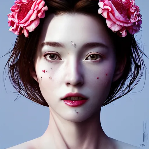 Prompt: the face of absurdly beautiful, graceful, elegant, sophisticated, sensual mature gravure idol made of strawberries and white pink petals with tears, an ultrafine hyperrealistic photograph by irakli nadar, kim jung ki, intricate linework, bright colors, octopath traveler, final fantasy, unreal engine highly rendered, global illumination, radiant light, intricate environment