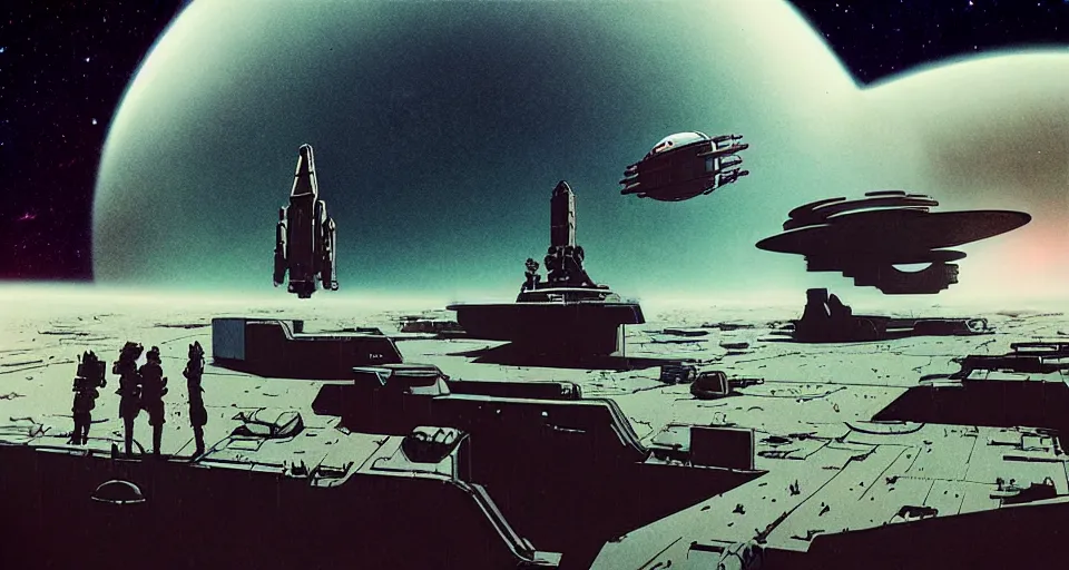 Image similar to space war between ( ( ( ( china ) ) ) ) and ( ( ( ( ( usa ) ) ) ), desaturated, moebius, complementing colors, maschinen krieger, beeple, film, atmospheric perspective