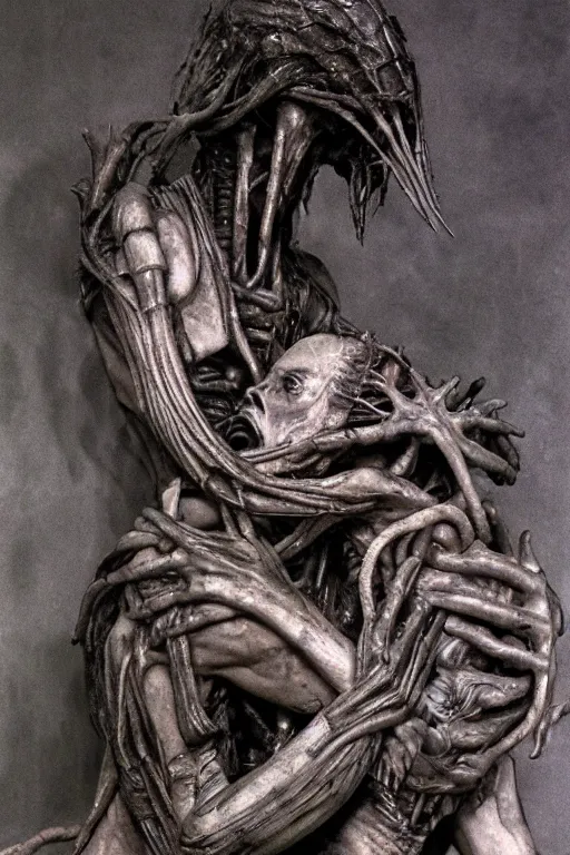 Prompt: photograph of a sculpture of Saturn devouring his son, in the syle of Giger, Giger art, extremely detailed, background is a low light museum, 4k