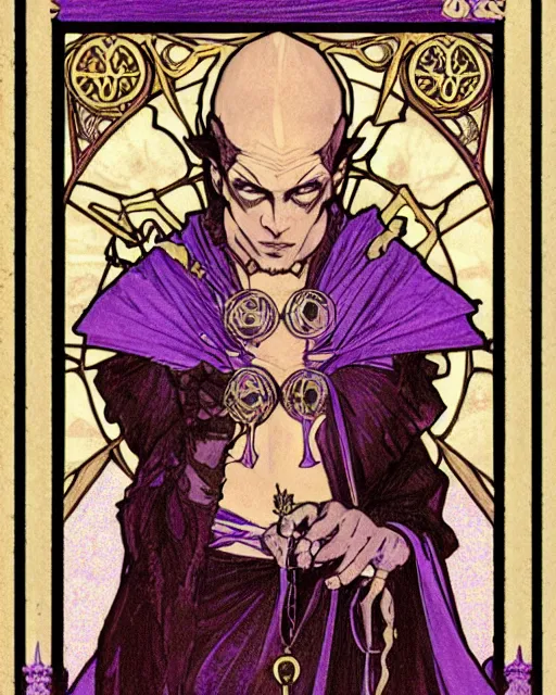 Image similar to tarot card, half - body, the devil, demon male, black and purple robes, beautiful, medieval, super detailed, ornate, by alphonse mucha, stjepan sejic, symmetry, 8 k, sharp focus