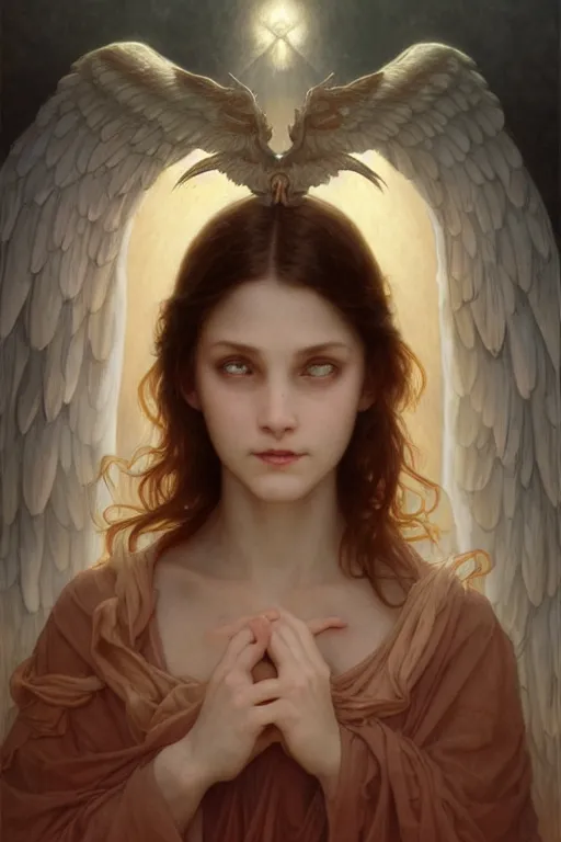 Image similar to Portrait of beautiful pale demonic biblical girl with angelic wings with multiple eyes on them, cinematic lighting, intricate, elegant, highly detailed, digital painting, artstation, smooth, sharp focus, illustration, art by artgerm and greg rutkowski and alphonse mucha and Wayne Barlowe and william-adolphe bouguereau