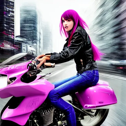 Prompt: perfect portrait of a realistic girl rding a motorbike in a light rain with violet punk hair in a city with skyscrapers , hyperrealistic painting , perfect an wild face