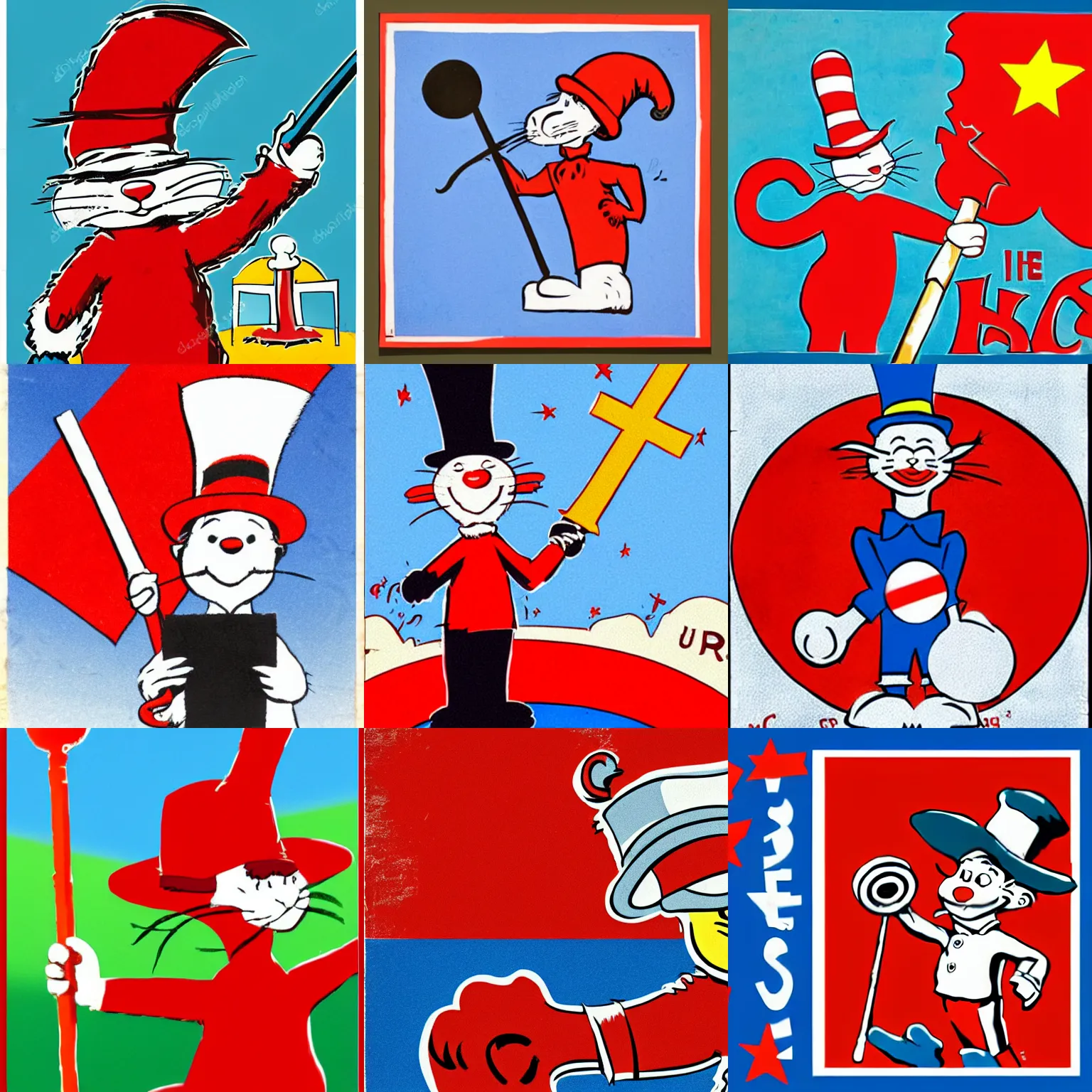 Prompt: the cat in the hat holding a ussr flag, hammer and sickle, children's book illustration, in the style of dr. seuss