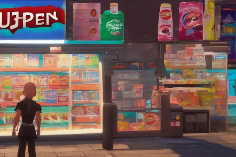 Image similar to agent 4 7 ordering a slurpee at 7 1 1, ps 5 god of war screenshot