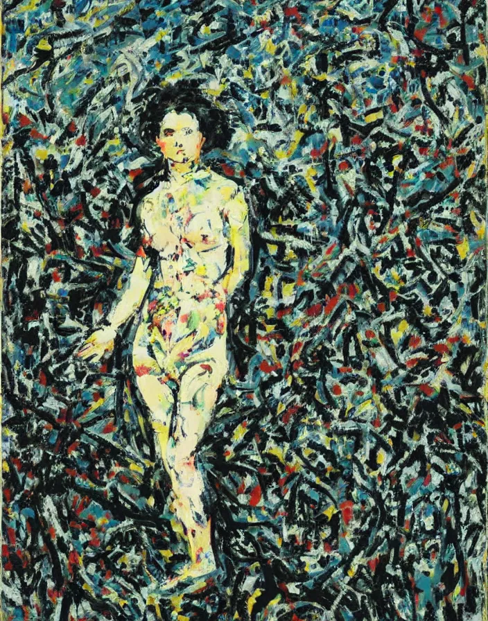 Image similar to a a portrait of Josie Conseco in a scenic environment by Jackson Pollock