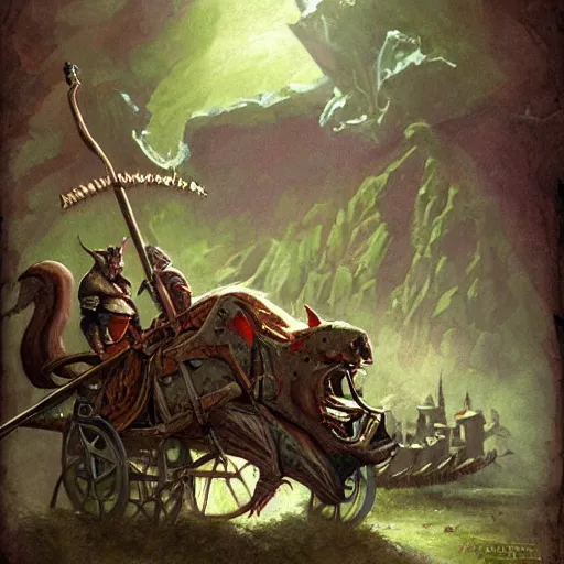 Image similar to painting of fat goblin riding in a slapdash wooden cart holding a lance, fantasy art, magic : the gathering art, by diterlizzi