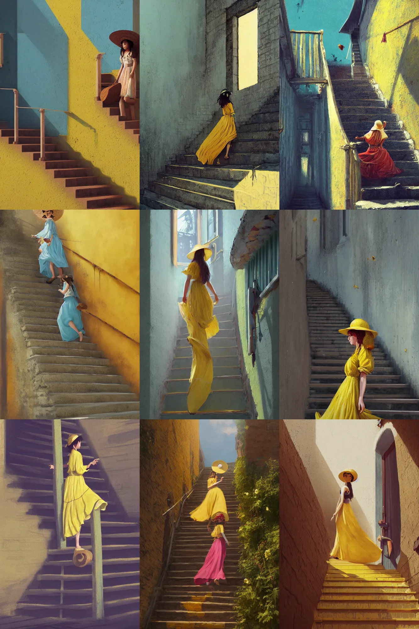 Prompt: a woman on the stairs, airy dress, hair in the wind, straw hat in hand, yellow walls, stairs up, narrow passage, railing on the wall, house windows, highly saturated colors, epic fantasy, Nicodemus Yang-Mattisson, greg rutkowski, trending on artstation, concept art