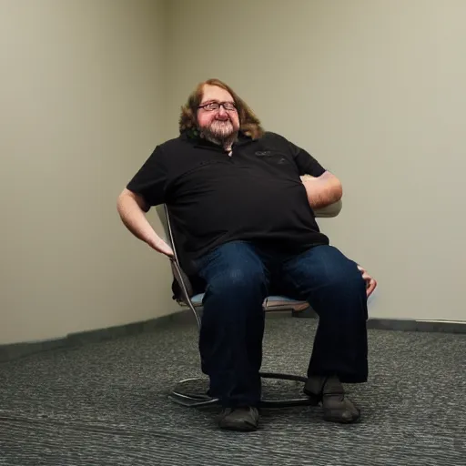 prompthunt: gabe newell in an interview, barefoot, toenails, sharp focus,  hyper realistic, sony 5 0 mm lens