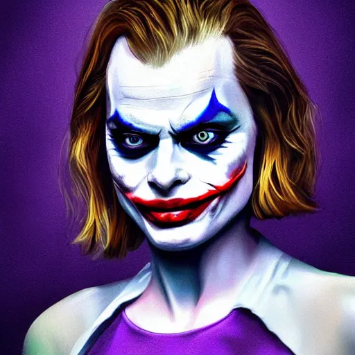 Prompt: margot robbie as the joker, highly detailed, realistic face, digital art
