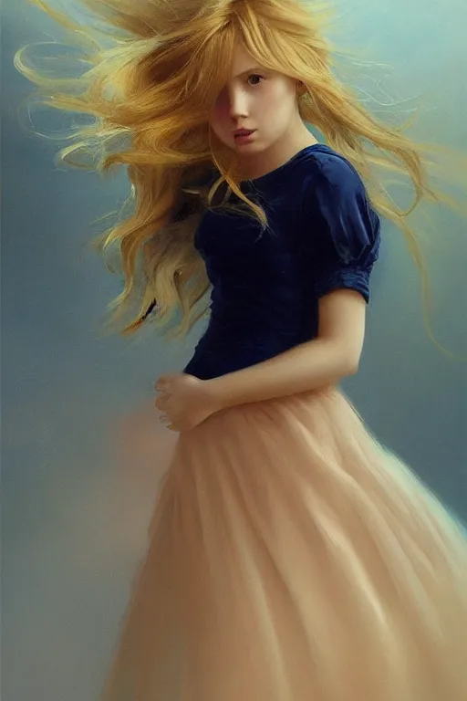 Image similar to an epic painting of a young girl, complete figure view, golden blonde hairstyle, subject wearing a navy blue dress, flowing, ornate, kawaii, beautiful, coral red, mint, taupe, with few baby blue highlights, cinematic light, volumetric shading, by Greg Rutkowski and Jeremy Mann, trending on Artstation, 80mm lens, oil on canvas