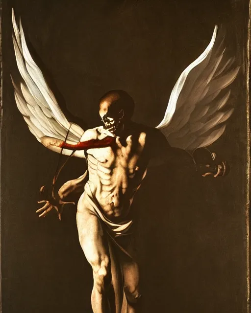 Prompt: an angel with a skull painted with indigenous motifs for the head by caravaggio, dramatic lighting, blood, god rays, angelical