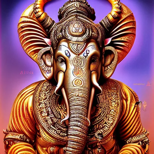 Prompt: biomechanical Ganesha , hyper-realistic futuristic portrait, intricate details, fantasy character, supersharp, hypermaximalist, dramatic lighting, hajime sorayama, Indian god, Ganesha, ganapati, vinayak, futuristic portrait photorealistic Ganesha