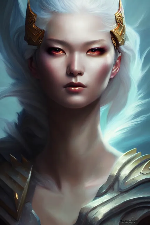 Image similar to oil painting, sakimi chan, white skin, fantasy armor, detailed face, dramatic lighting, tony sart, wind, lightning