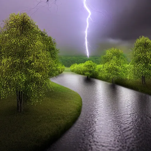 Prompt: a hyper realistic image of a river going between the trees and it is raining heavily and in the cloud you can see lightning 3 d