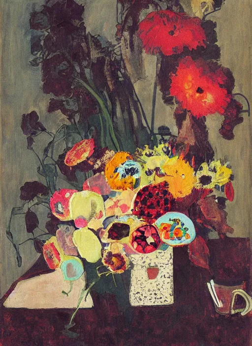 Prompt: a surreal painting of a breakfast still life, vase of flowers, by George Baselitz, symbolist, soft colors, dramatic lighting, smooth, sharp focus, extremely detailed, textured, aesthetically pleasing composition