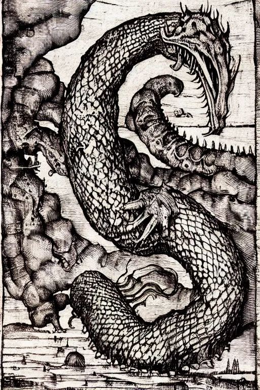 Image similar to ogopogo monster of the apocalypse, pen and ink illustration / renaissance woodcut by albrecht durer 1 4 9 6, 1 2 0 0 dpi scan, ultrasharp detail, hq scan, intricate details, stylized border