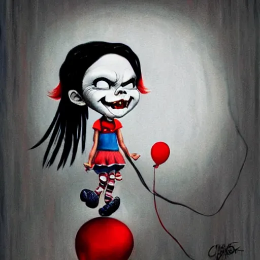 Image similar to grunge cartoon painting of a little girl playing with a jump rope with a wide smile and a red balloon by chris leib, loony toons style, pennywise style, corpse bride style, horror theme, detailed, elegant, intricate