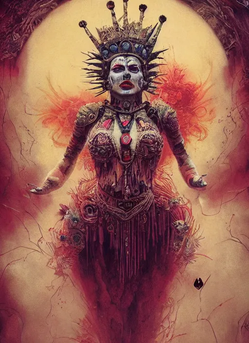 Image similar to queen of hearts, aztec god, highly detailed, cinematic, 8 k, by megan duncanson, benjamin lacombe, adrian borda, stanley artgermm, tom bagshaw, craig mullins, carne griffiths, ayami kojima, beksinski, giger, trending on deviantart, hyper detailed, horror, full of colour