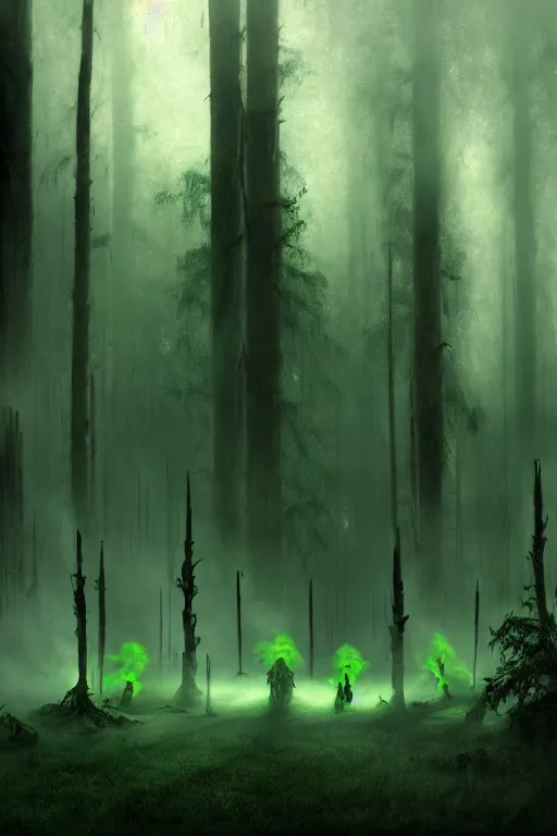 Image similar to four skeletons made of green magic luminous smoke are playing musical instruments. the background is misty forest, full of green swirling smoke, harry potter, death eaters, dementors, craig mullins, albert bierstadt, greg rutkowski, tarkovski, realistic, highly detailed, artstation, early morning, atmospheric, aestetic, moody