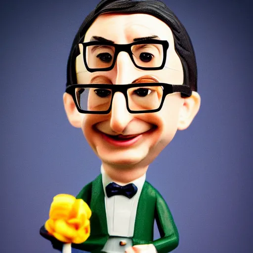 Prompt: miniature john oliver caricature figure smiling in a suit, macro photography, tilt shift, bold colored background, plastic