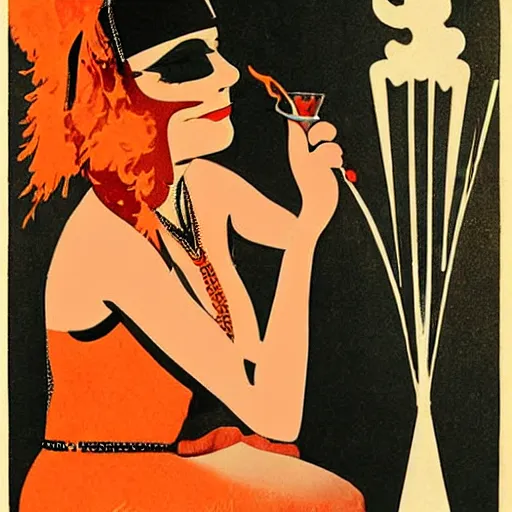 Prompt: 1 9 2 0 s flapper dancing in smoke filled speakeasy, art deco, coles phillips,