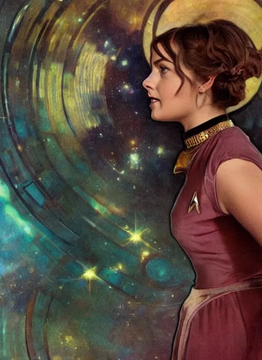 Image similar to jenna coleman as a star trek captain, a still from star trek painted by alphonse mucha. clear highly detailed face, beautiful sci fi art
