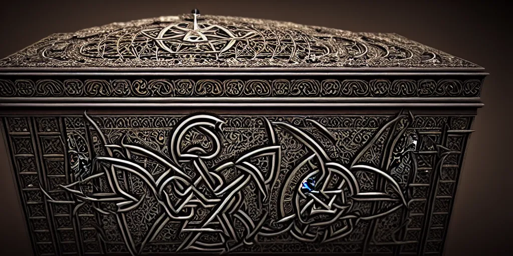 Prompt: an ancient ornate intricate old spell satanic coffin with the sigil symbol of evil emblazoned on the cover, cinematic, realistic, intricate detail, finely detailed, small details, extra detail, photorealistic, high resolution, 3 d, pbr, path tracing, volumetric lighting, octane render, arnold render, 8 k