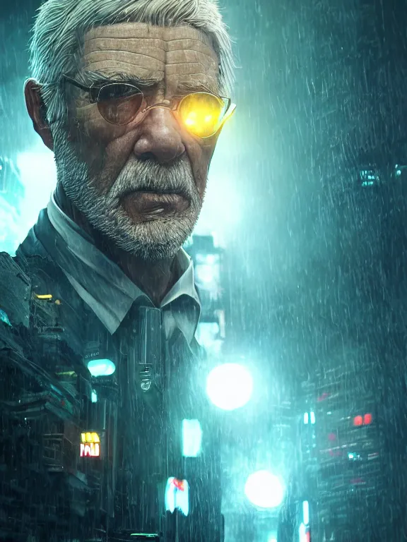 Prompt: portrait art of 8k ultra realistic retro futuristic old man, lens flare, atmosphere, glow, detailed,intricate,blade runner, cybernetic, full of colour, cinematic lighting, trending on artstation, 4k, hyperrealistic, focused, extreme details,unreal engine 5, cinematic, masterpiece, art by ayami kojima, giger