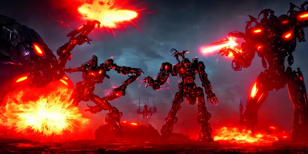 Image similar to cybernetic war at the gates to hades, mecha - warrior battling an alien cyborg in a fiery clash at the gates of hell, 8 k resolution, octane render, photorealistic illustration, low angle pov, dramatic lighting, cinematic fight imagery,